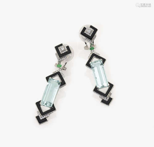 A Pair of Aquamarine, Onyx, Emerald and Diamond Earrings