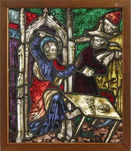 A glass pane, ''Christ and the Money Changers''
