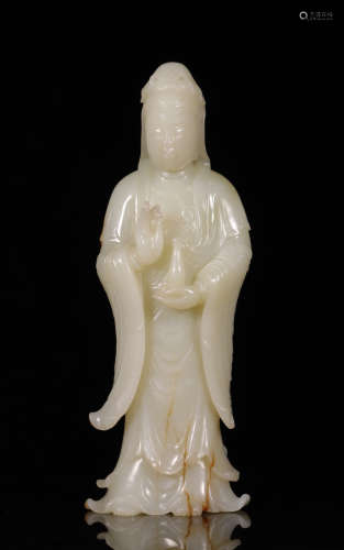 Qing Dynastyy - Standing Hetian Jade Avalokitesvara Statue