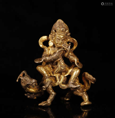 Qing Dynastyy - Gilt Dharmapala on Dragon Statue