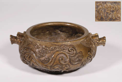 Qing Dynastyy-Bronze Censer Carved 