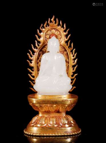 Qing Dynastyy-White Jade Buddha Statue, Silver Gilt Base