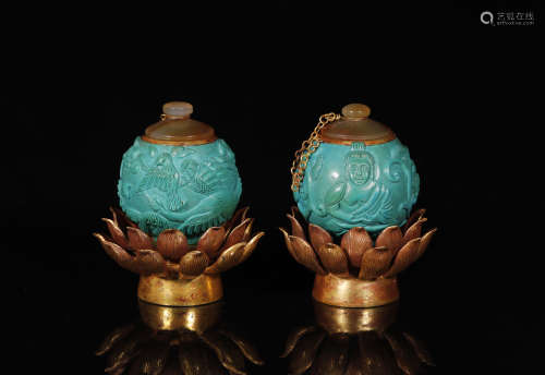 Liao Dynastyy-Pair of Turquoise Relic Jar with Gilt Base