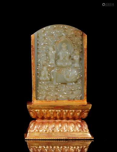 Liao Dynastyy - Carved Hetian Jade Plaque Gilt Base
