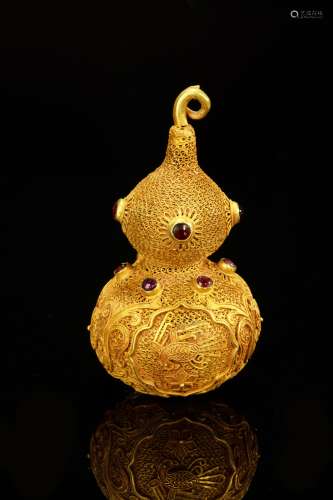 Qing Dynasty - Pure Gold with Gem Inlay Gourd