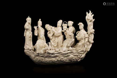 A 'DEHUA' KILN 'EIGHT IMMORTALS CROSSING THE SEA' (BA XIAN GUO HAI) CARVED PORCELAIN DECORATION德化窯“八仙過海”雕瓷擺件