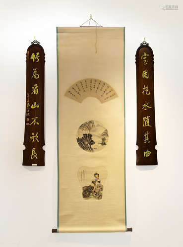 A PAIR OF CHINESE CALLIGRAPHY PLAQUES一幅書法牌匾+畫幅