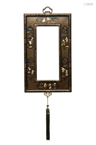 A HARDWOOD AND JADE INLAID 'PLAYING BOYS' MIRROR FRAME紅木嵌玉石嬰戲圖掛鏡