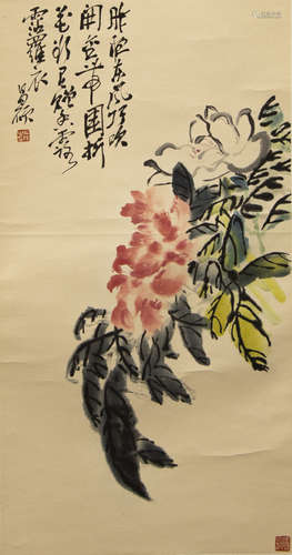 A CHINESE PAINTING BY 'WU CHANG SHUO',WOOD BLOCK PRINTING.吳昌碩木刻水印條幅