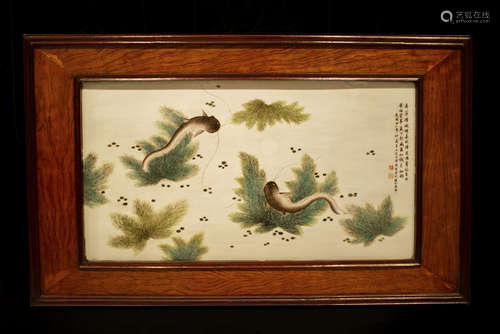 A 'NIAN YU' PORCELAIN PLATE PAINTING BY YE HE SHENG葉何生“年餘”瓷板畫