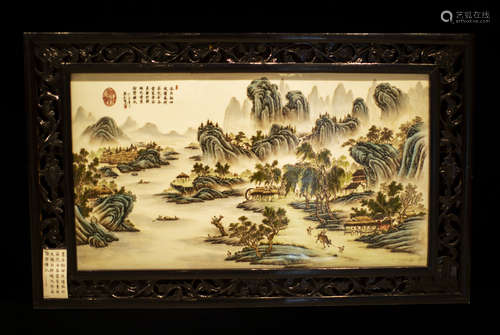 A LANDSCAPE PORCLAIN PLATE PAINTING BY DING QI FENG“丁七峰”山水瓷板畫