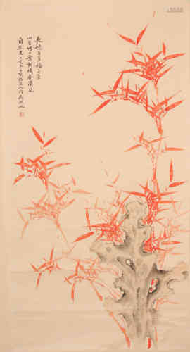 A Chinese Red Bamboo Painting,Wu Hufan Mark