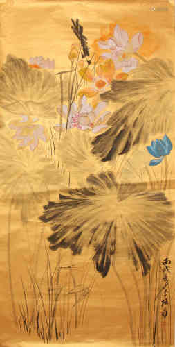 A Chinese Colorful Lotus Painting, Zhang Daqian Mark