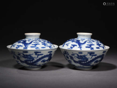A Pair of Chinese Blue and White Porcelain Bowls with Cover