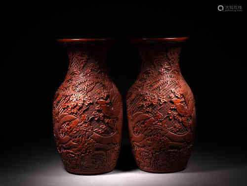 A Pair of Chiense Carved Lacquer Vases