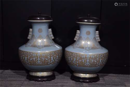 A Pair of Chinese Azure Glazed Porcelain Zun