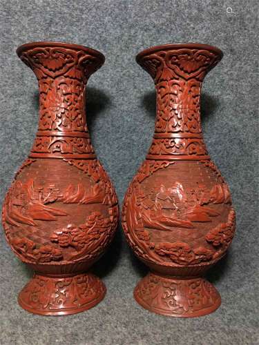A Pair of Chinese Red Lacquered Vases