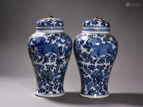 A Pair of Chinese Blue and White Porcelain Jars with Cover