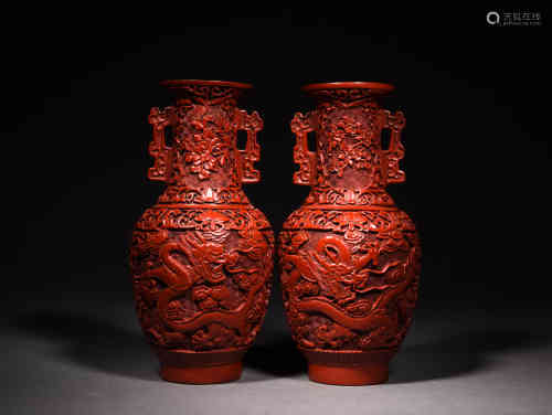 A Pair of Chiense Carved Lacquer Vases with Red Dragon Pattern