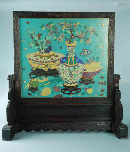 A Chinese Redwood Frame Enamel Ornament