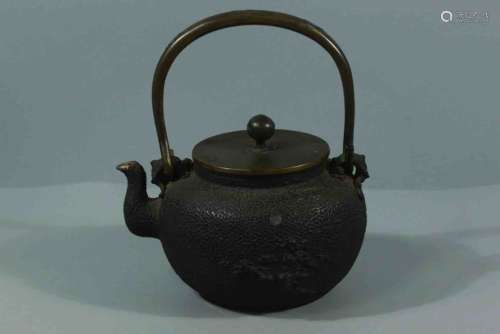 A Japanese Carved Iron Hoop-handled Kettle