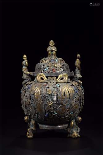 A Chinese Bronze Gilding Three-legged Incense Burner Inlaid with Gems