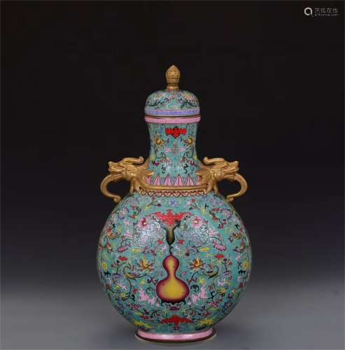 A Chinese Turquoise Ground Enamel Porcelain Flask