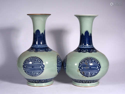 A Pair Chinese Pea Green Glazed Porcelain Vases