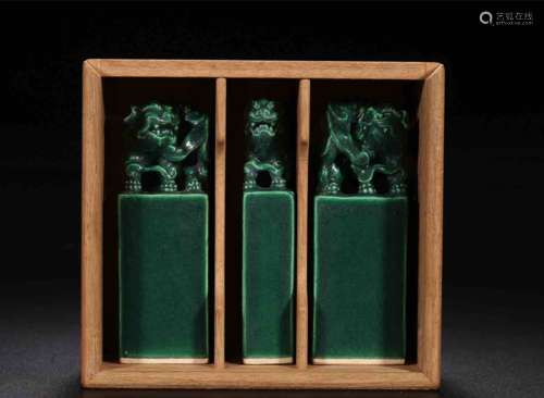 A Set of 3 Chinese Green Glazed Porcelain Seals with a Wooden Box