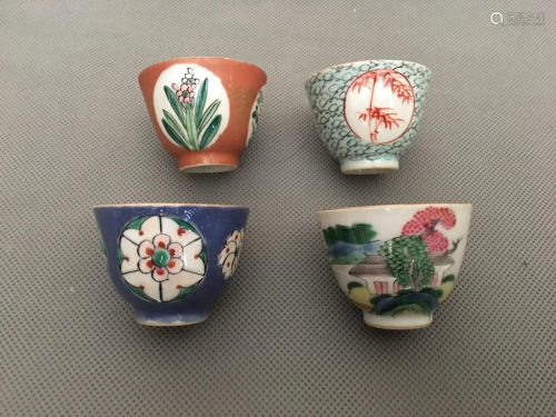 Four Qing Chinese Famille Rose Porcelain Cups