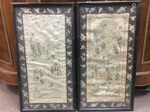 Pair of Chinese Silk Embroidery With Frame
