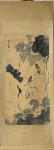 Birds&Lotus, Chinese Ink Scroll Painting,Signed