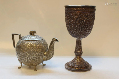 Antique Indian Silver Goblet and Teapot