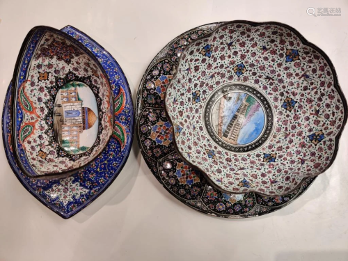 Two Set Persian Hand Painted Enamel on Copper Bowl