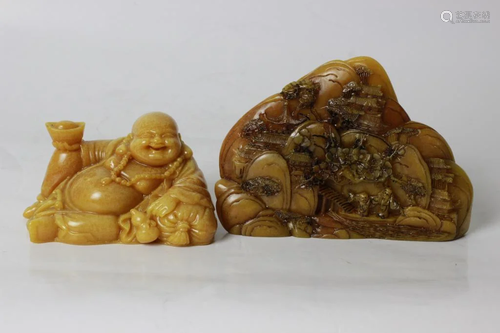 2 Chinese Yellow Color Buddha and Mountain