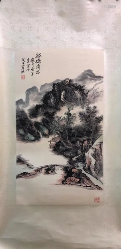 Chinese Ink Color Landscape Scroll Painting,Sign…