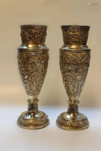 Pair of Antique Persian Silver Vases w Flowers&Bir