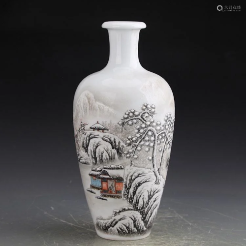 Chinese Famille Rose Porcelain Vase w Snowing Scen