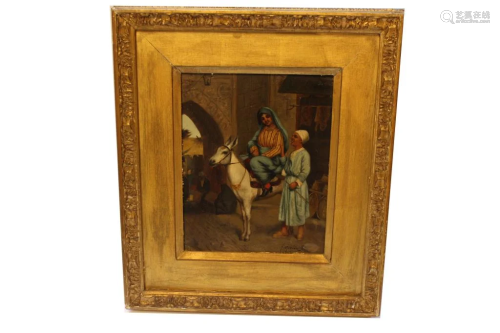 Oriental Oil on Board of Ladny w Donkey,Signed