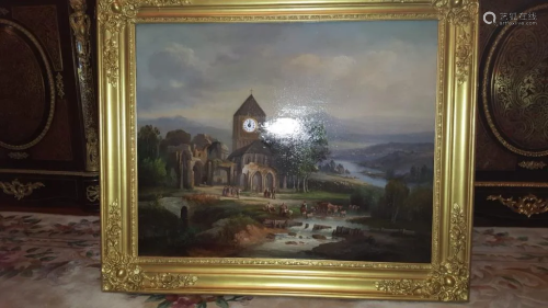 Antique continental oil on canvas painting with mu