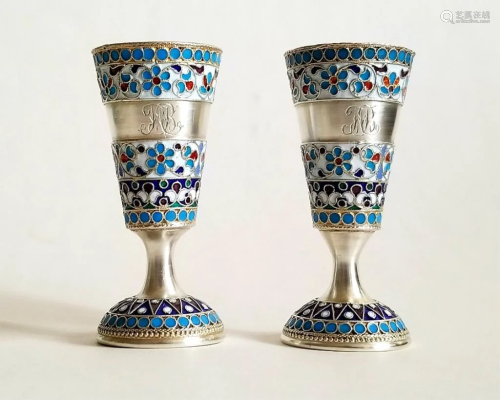 19C Russian Silver Enamel Pair Cups
