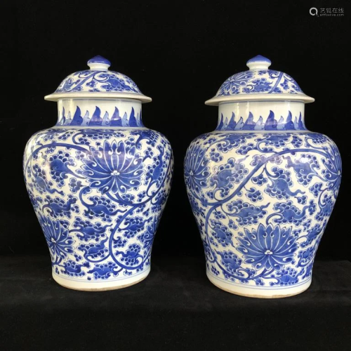 Pair of Chinese Blue and White Porcelain Lid Jar