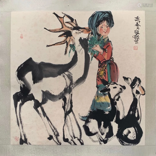 Chinese Ink Color Painting,Signed,Girl feed Deers