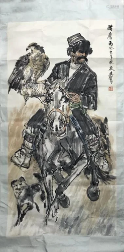 Chinese Ink Color Painting, Hunter w Eagle, Sig…