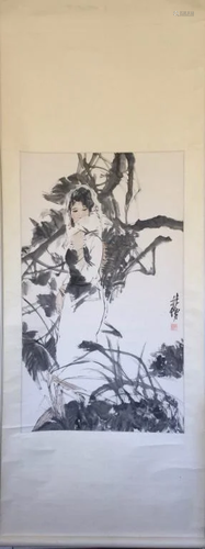 Chinese Ink Color Scroll Painting,Signed by