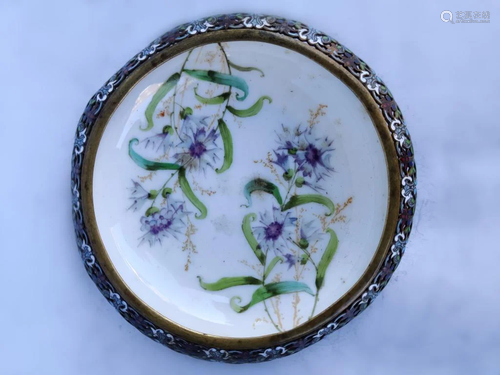 French Porcelain Dish w Enamel Mounted