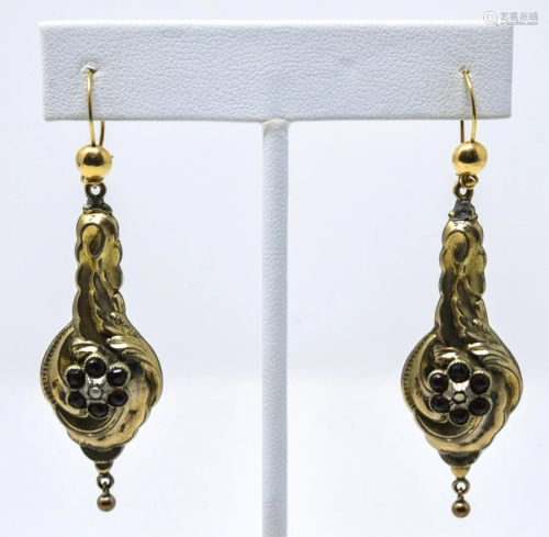 Antique 19th C 14kt Yellow Gold & Garnet Earrings