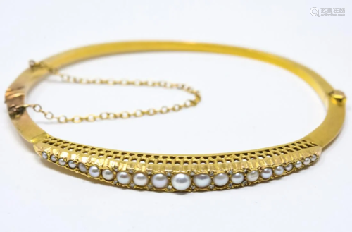 Estate 14kt Gold Seed Pearl & Diamond Bracelet