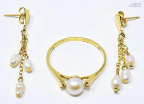 Estate 14kt Yellow Gold & Pearl Ring & Earrings