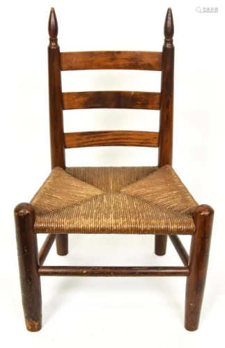 Child's Antique Carved Rush Seat Ladder Back Chair